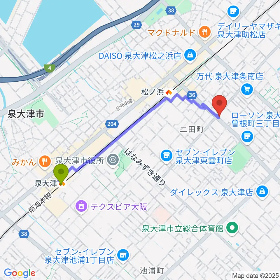 泉大津駅からグレイスピアノサービスへのルートマップ地図