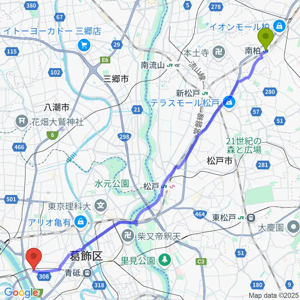 南柏駅からミュージックスクール・ピュアボイスへのルートマップ地図