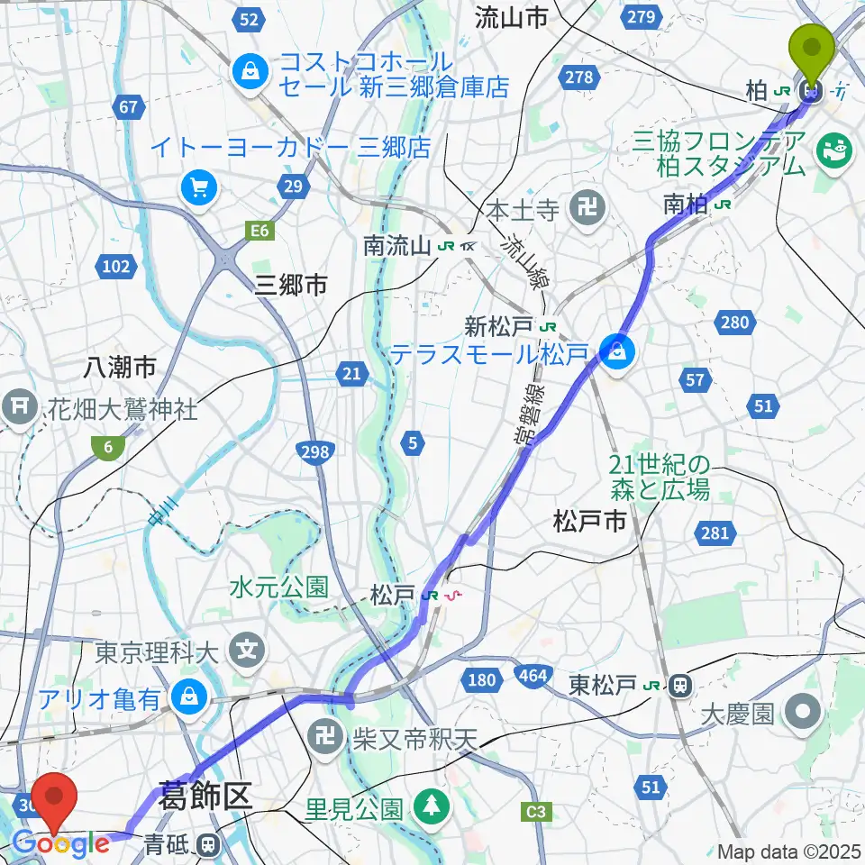 柏駅からミュージックスクール・ピュアボイスへのルートマップ地図