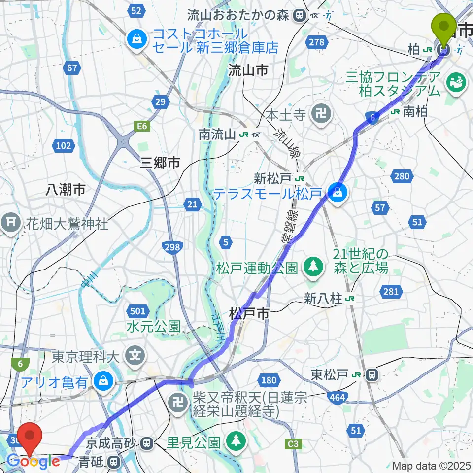 柏駅からミュージックスクール・ピュアボイスへのルートマップ地図