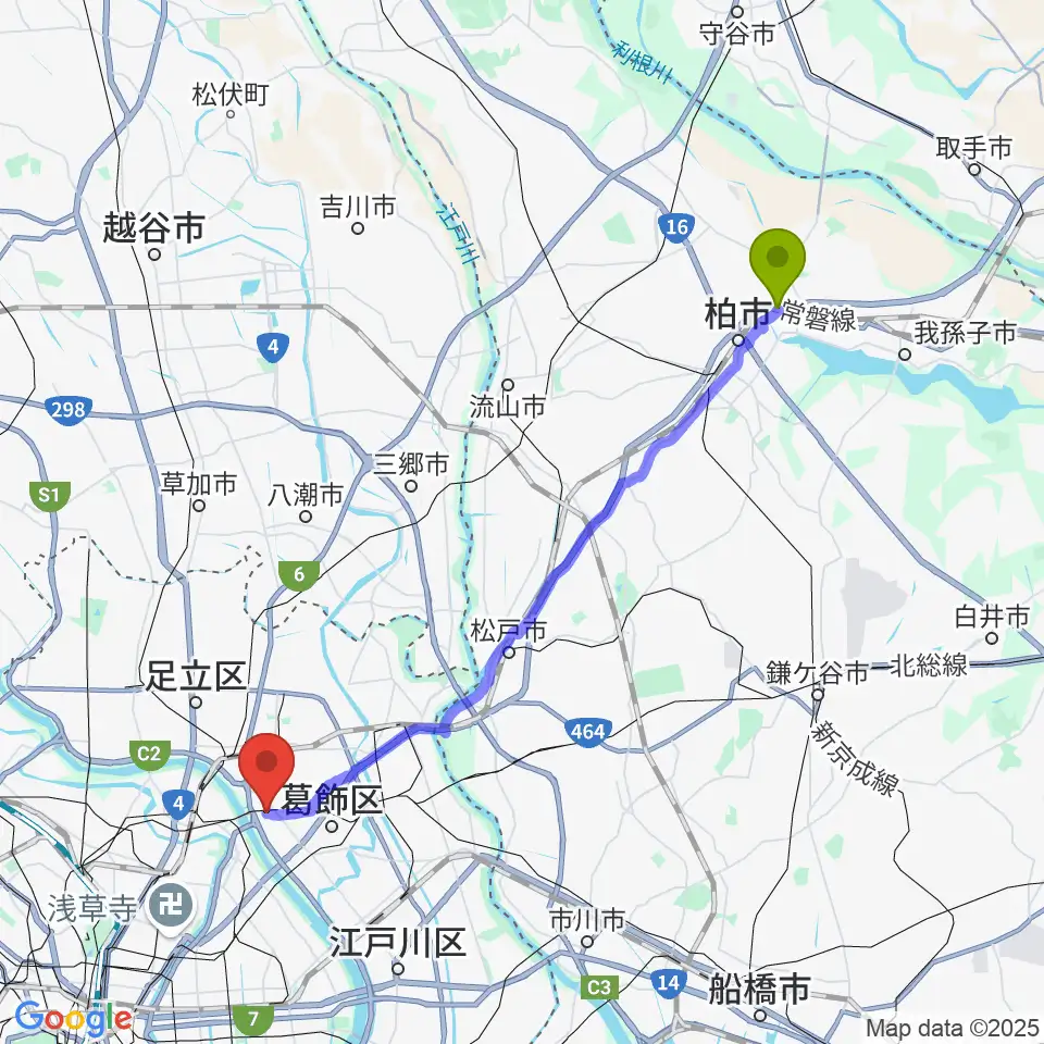 北柏駅からミュージックスクール・ピュアボイスへのルートマップ地図