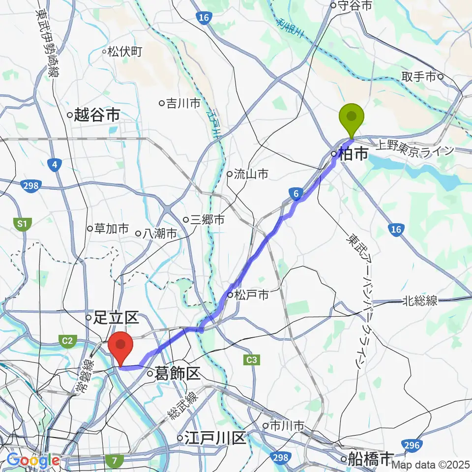 北柏駅からミュージックスクール・ピュアボイスへのルートマップ地図