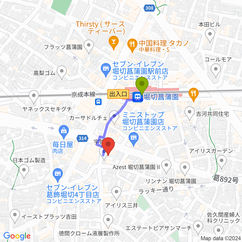 ミュージックスクール・ピュアボイスの最寄駅堀切菖蒲園駅からの徒歩ルート（約2分）地図