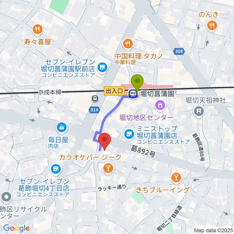 ミュージックスクール・ピュアボイスの最寄駅堀切菖蒲園駅からの徒歩ルート（約2分）地図