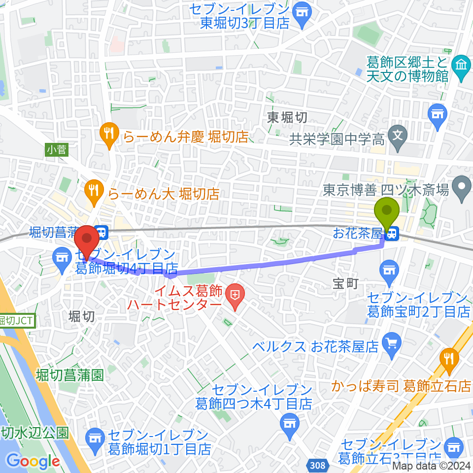 お花茶屋駅からミュージックスクール・ピュアボイスへのルートマップ地図