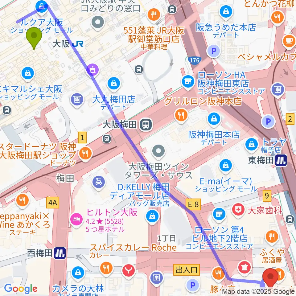 アール・エイチ・ワイ梅田の最寄駅大阪駅からの徒歩ルート（約9分）地図