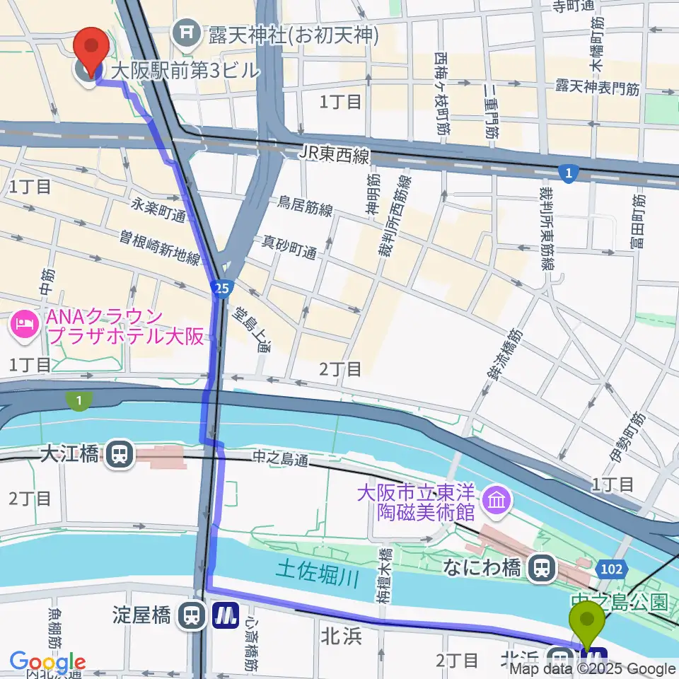 北浜駅からアール・エイチ・ワイ梅田へのルートマップ地図