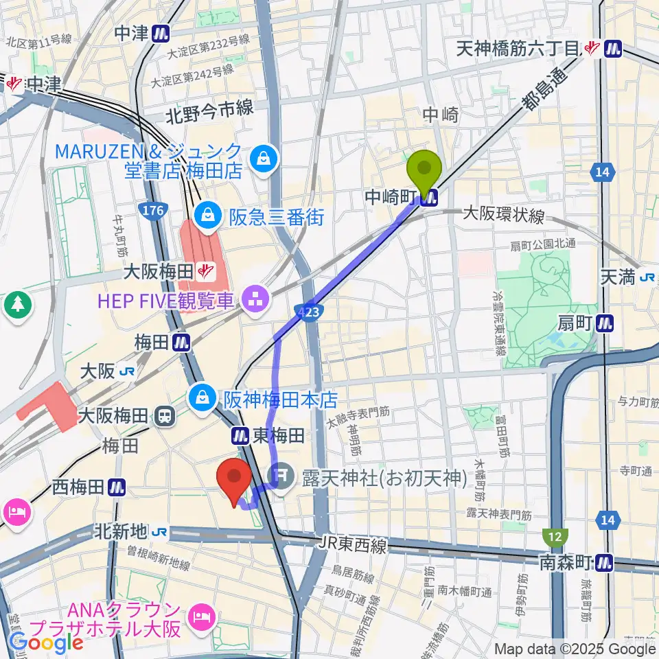 中崎町駅からアール・エイチ・ワイ梅田へのルートマップ地図