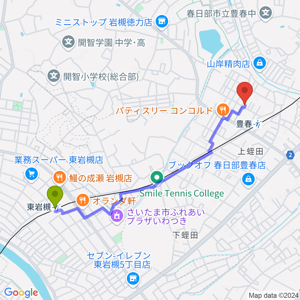 東岩槻駅からピアノ・アコースティックスタジオあんぷらぐどへのルートマップ地図