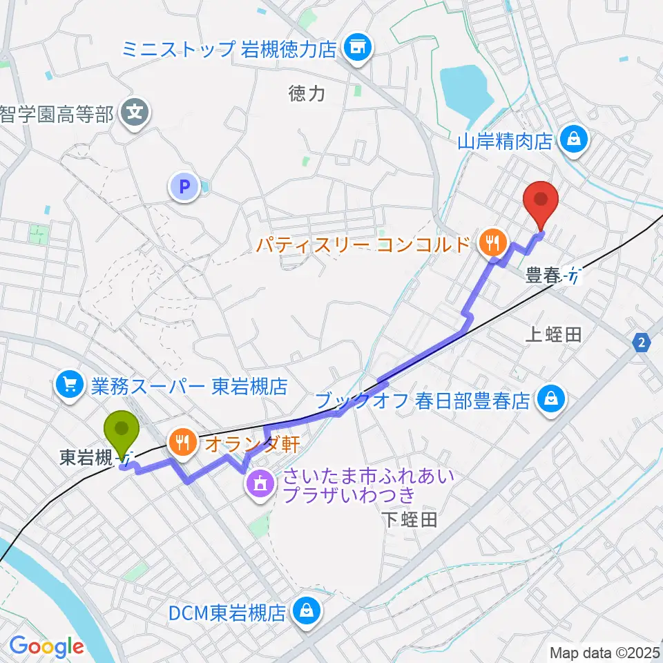 東岩槻駅からピアノ・アコースティックスタジオあんぷらぐどへのルートマップ地図
