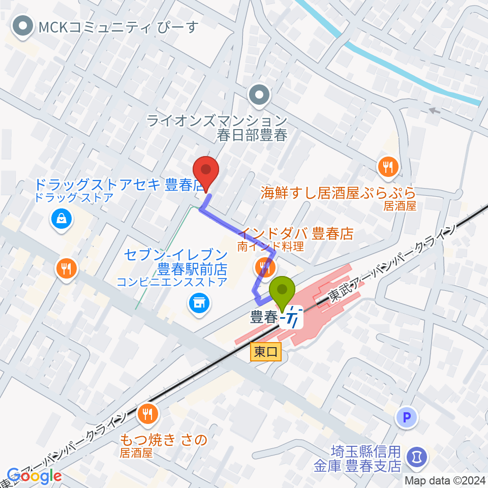 ピアノ・アコースティックスタジオあんぷらぐどの最寄駅豊春駅からの徒歩ルート（約2分）地図