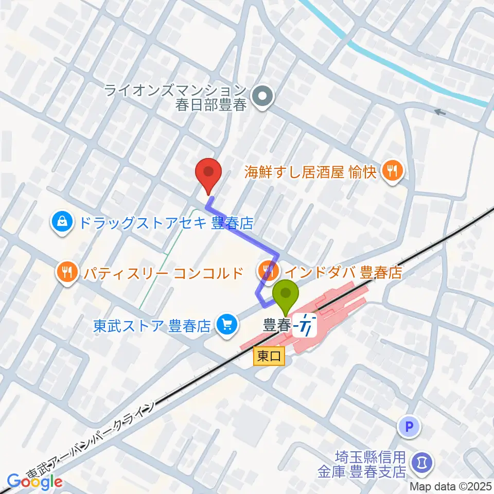 ピアノ・アコースティックスタジオあんぷらぐどの最寄駅豊春駅からの徒歩ルート（約2分）地図