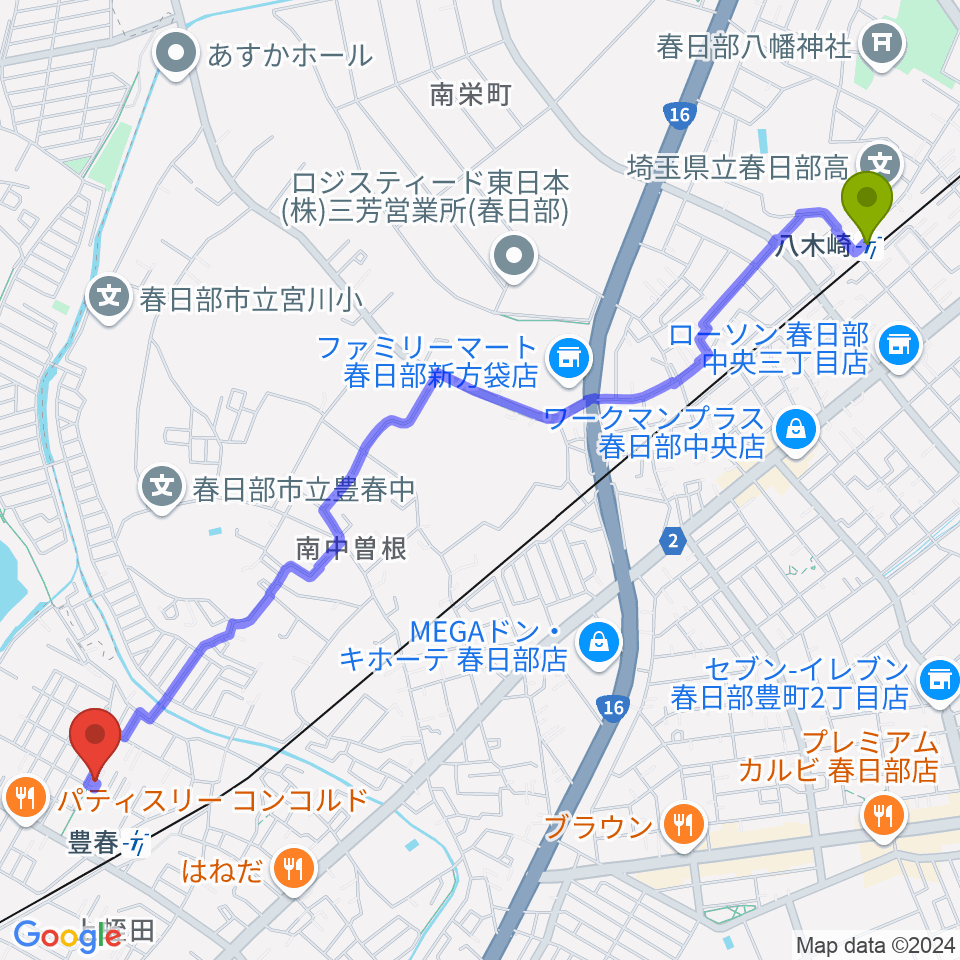 八木崎駅からピアノ・アコースティックスタジオあんぷらぐどへのルートマップ地図