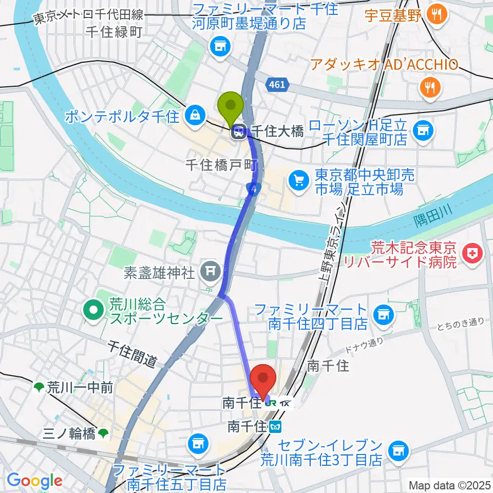 千住大橋駅からLuna Piano Music Schoolへのルートマップ地図
