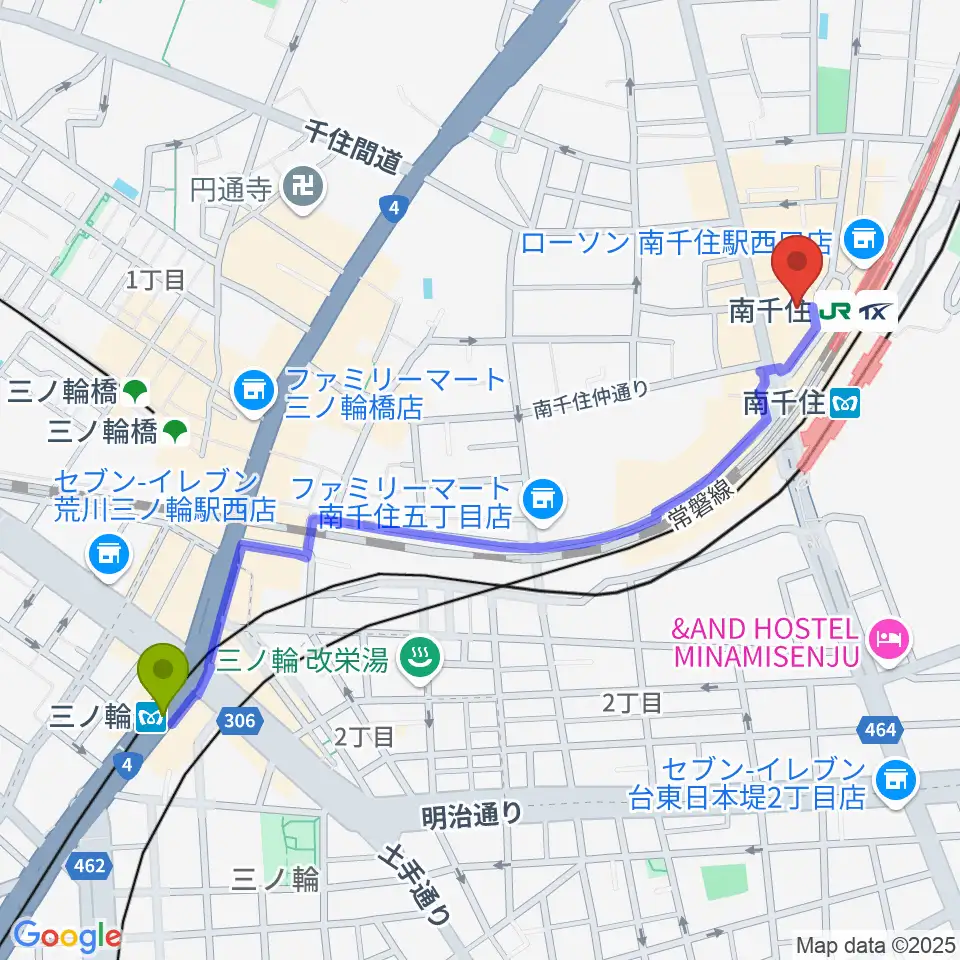 三ノ輪駅からLuna Piano Music Schoolへのルートマップ地図