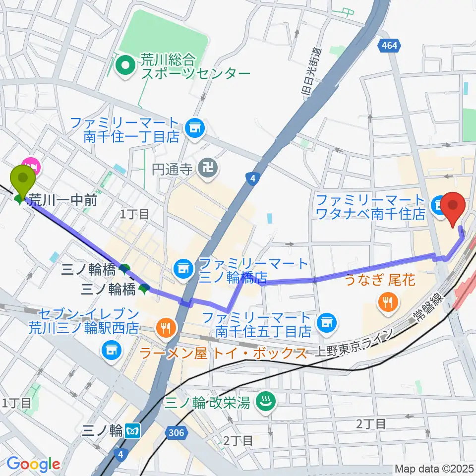 荒川一中前駅からLuna Piano Music Schoolへのルートマップ地図