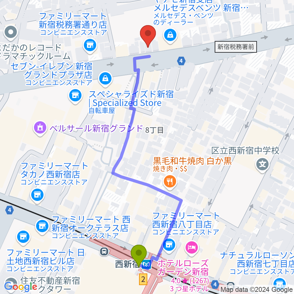 ミュズィックミラベルの最寄駅西新宿駅からの徒歩ルート（約6分）地図