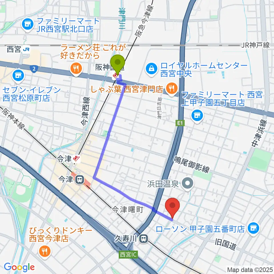 阪神国道駅から有限会社グーターコンパスへのルートマップ地図