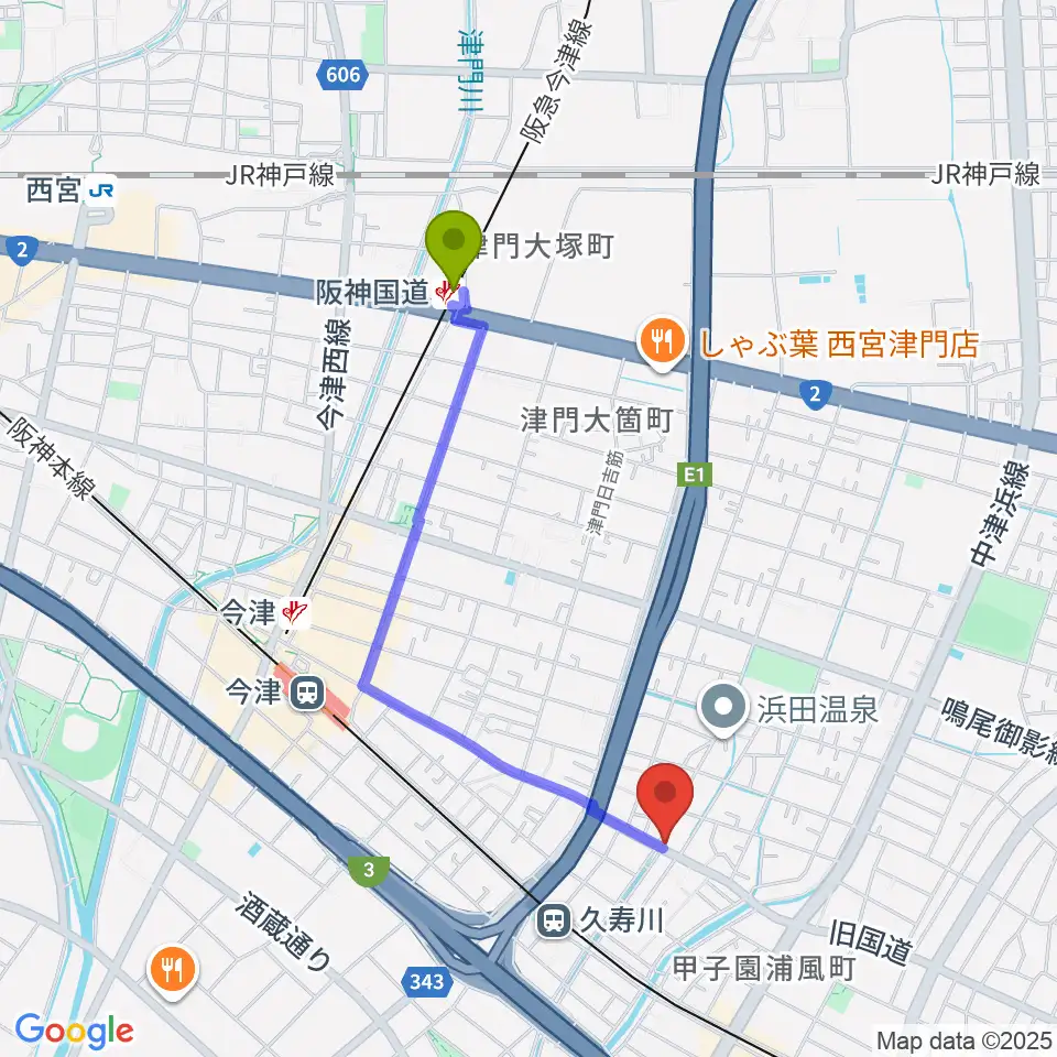 阪神国道駅から有限会社グーターコンパスへのルートマップ地図