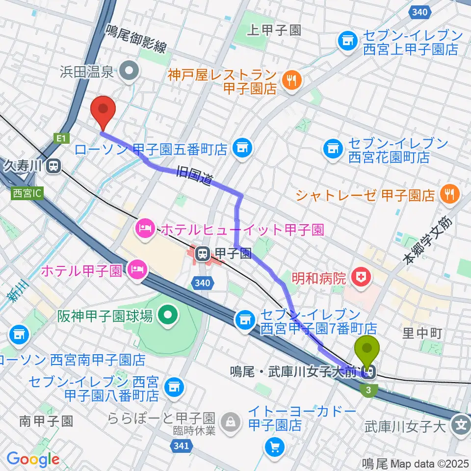 鳴尾・武庫川女子大前駅から有限会社グーターコンパスへのルートマップ地図