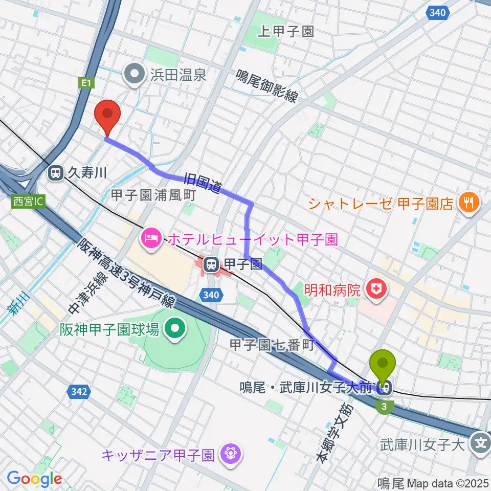 鳴尾・武庫川女子大前駅から有限会社グーターコンパスへのルートマップ地図