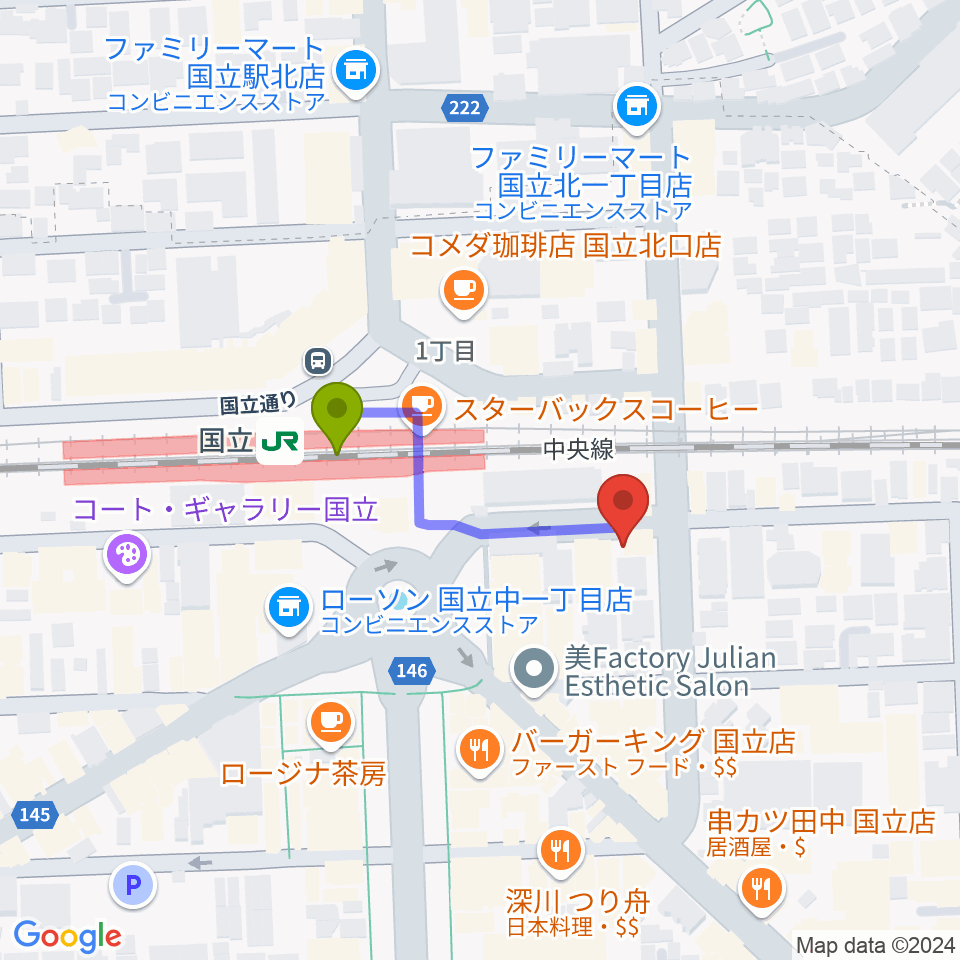 K.STUDIO スタインウェイスタジオの最寄駅国立駅からの徒歩ルート（約2分）地図