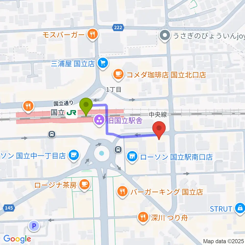 K.STUDIO スタインウェイスタジオの最寄駅国立駅からの徒歩ルート（約2分）地図
