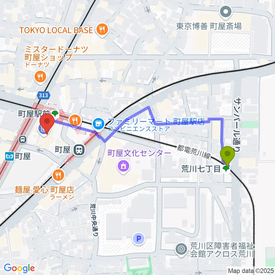 荒川七丁目駅からムーブ町屋へのルートマップ地図