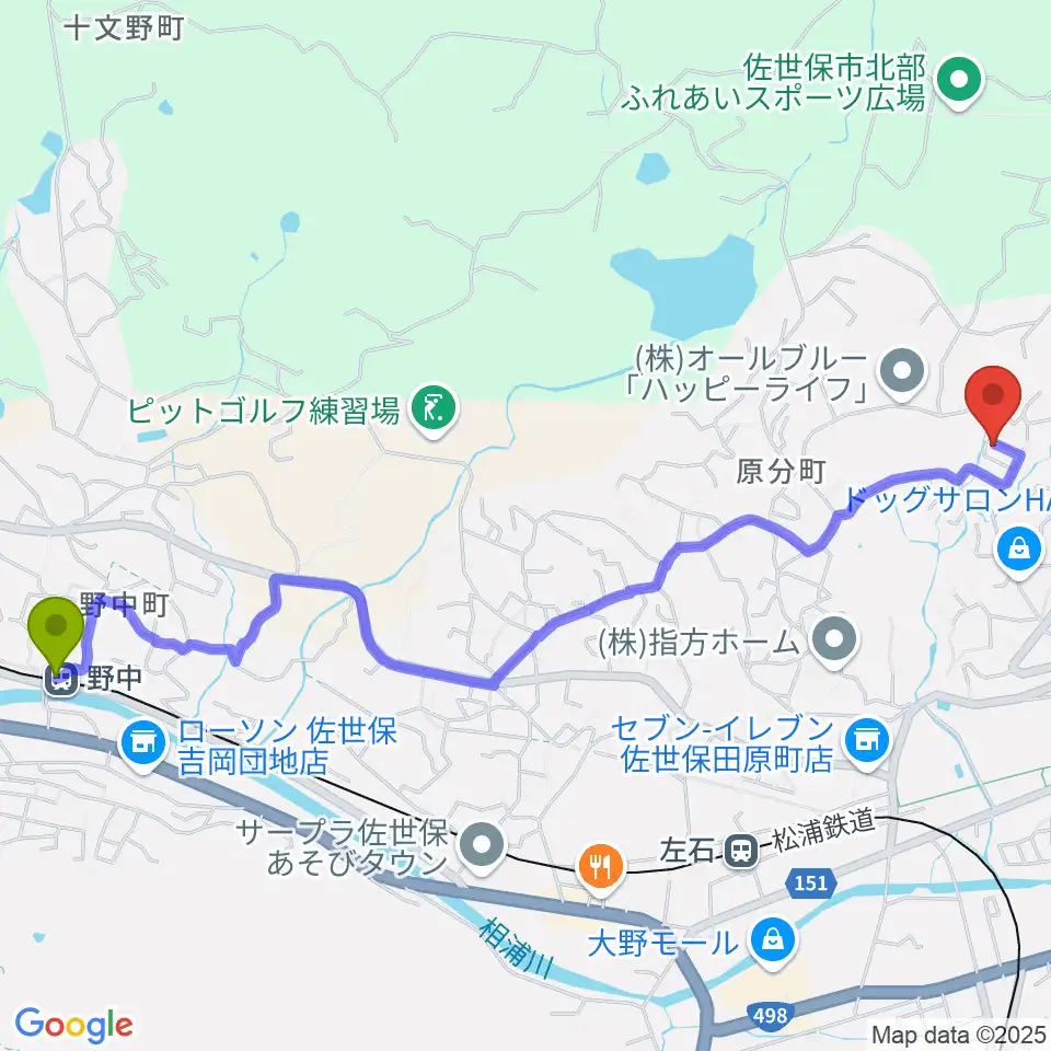 野中駅から佐世保 R.M.S音楽院へのルートマップ地図