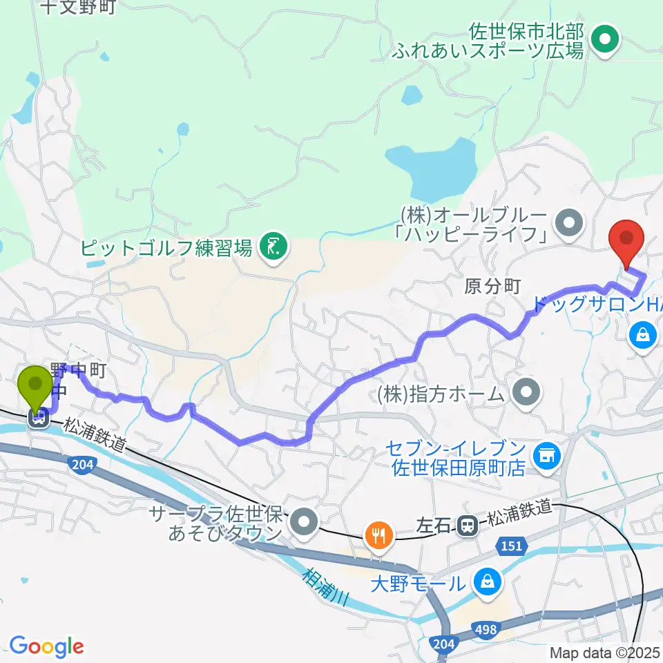 野中駅から佐世保 R.M.S音楽院へのルートマップ地図