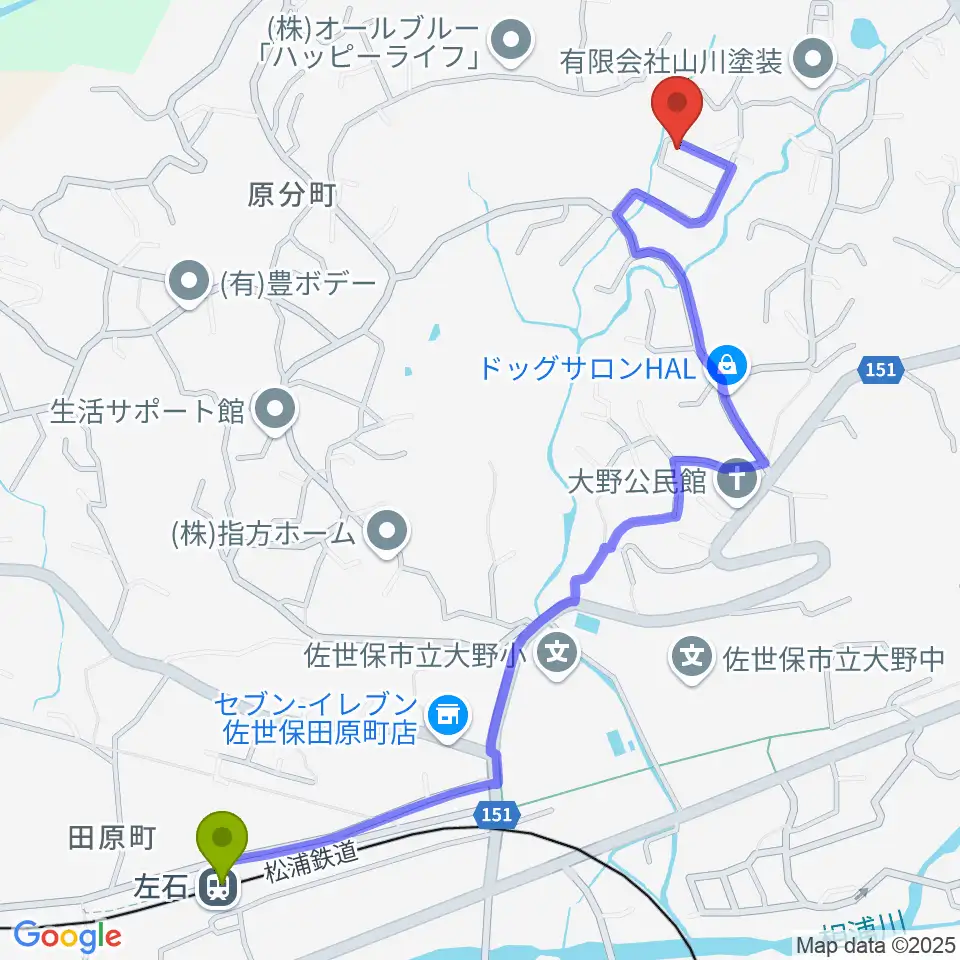 佐世保 R.M.S音楽院の最寄駅左石駅からの徒歩ルート（約14分）地図