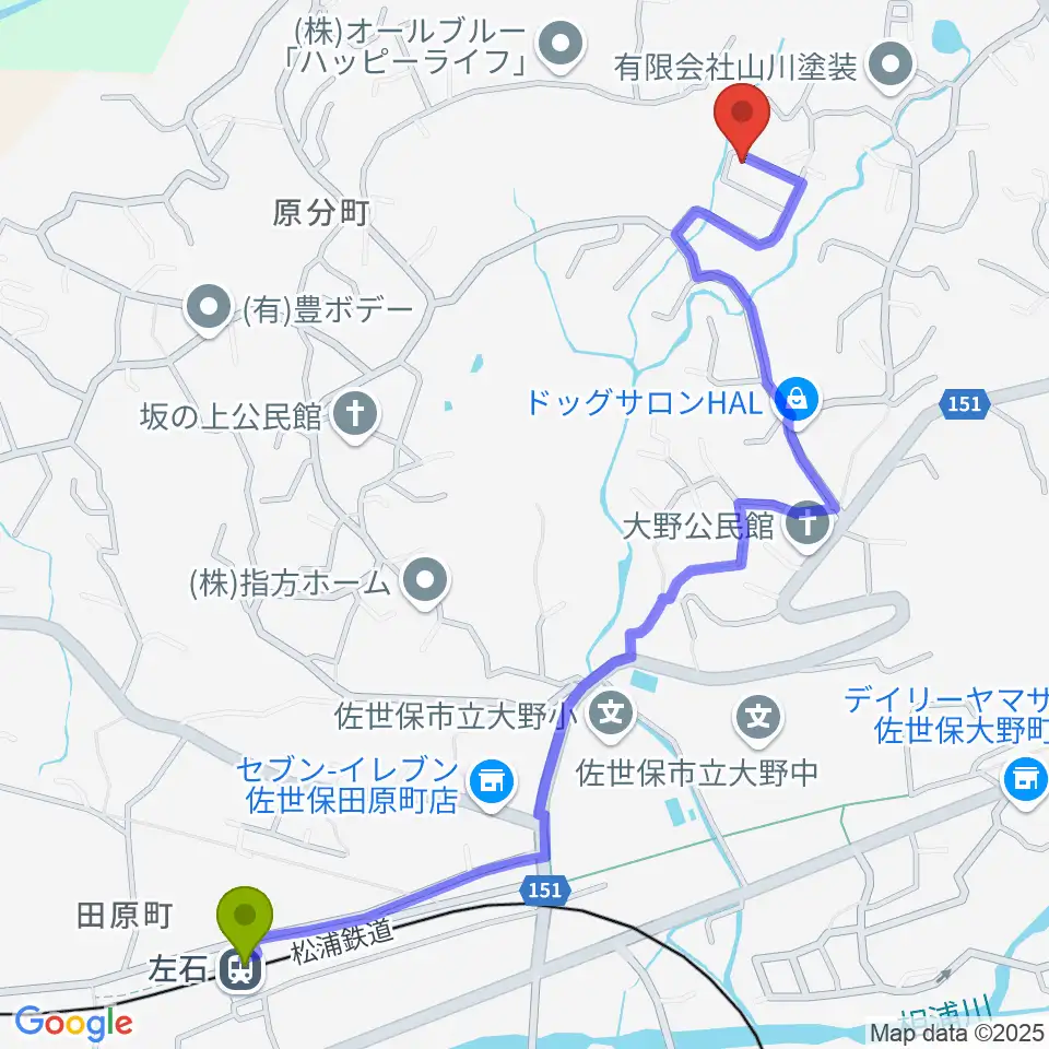 佐世保 R.M.S音楽院の最寄駅左石駅からの徒歩ルート（約14分）地図