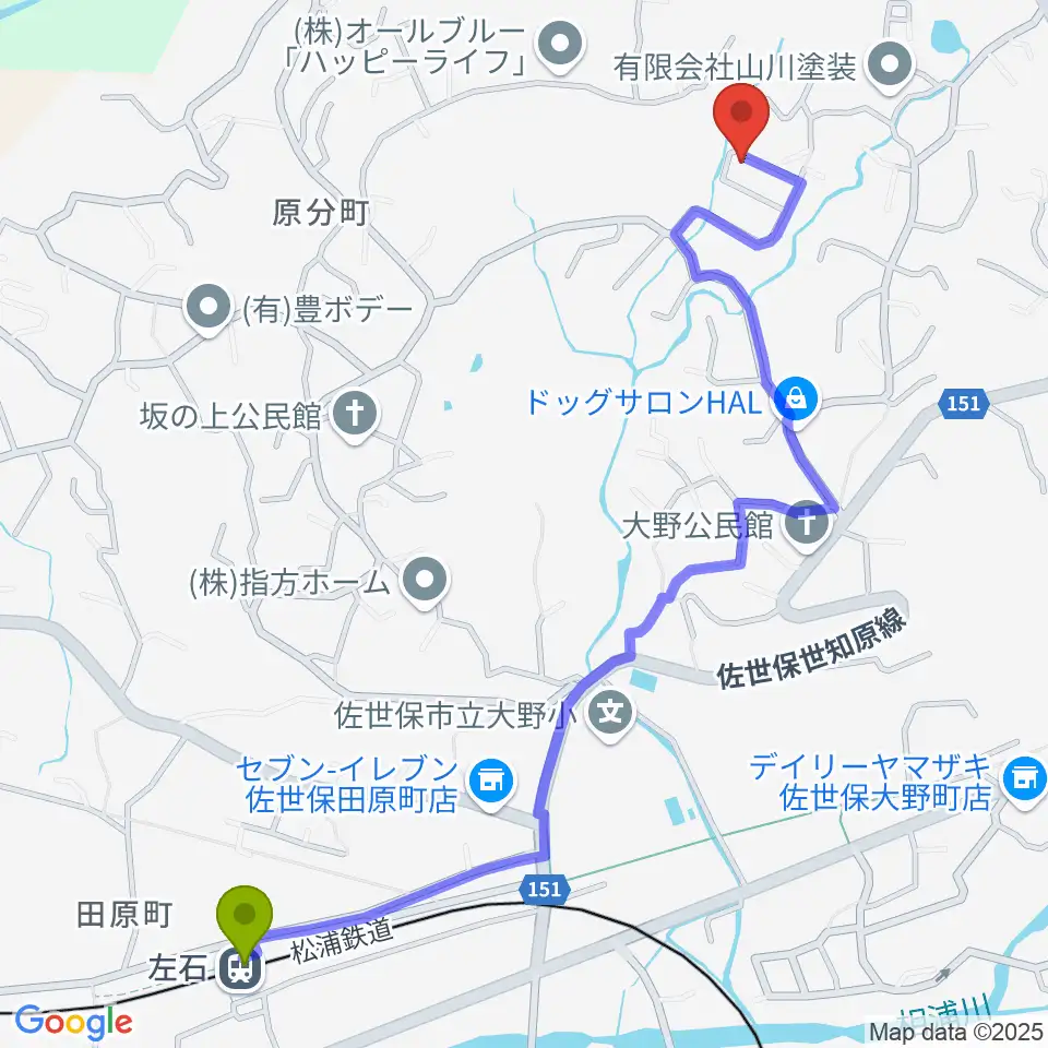 佐世保 R.M.S音楽院の最寄駅左石駅からの徒歩ルート（約14分）地図