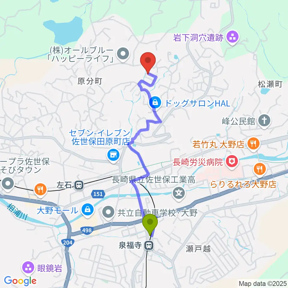 泉福寺駅から佐世保 R.M.S音楽院へのルートマップ地図