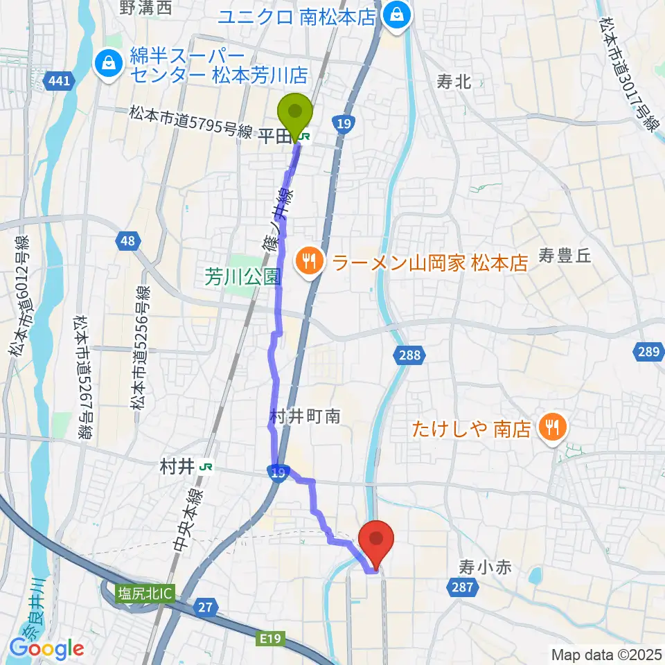 平田駅から関澤真由美マリンバ教室へのルートマップ地図