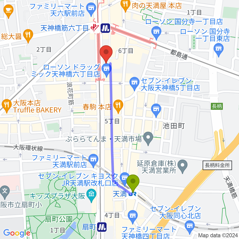 天満駅からフィス音楽教室（天六教室）へのルートマップ地図