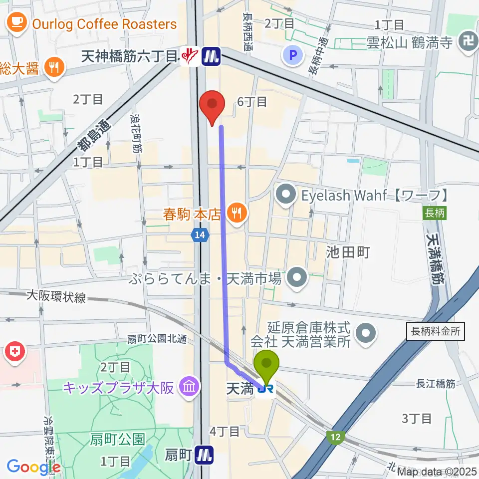 天満駅からフィス音楽教室へのルートマップ地図