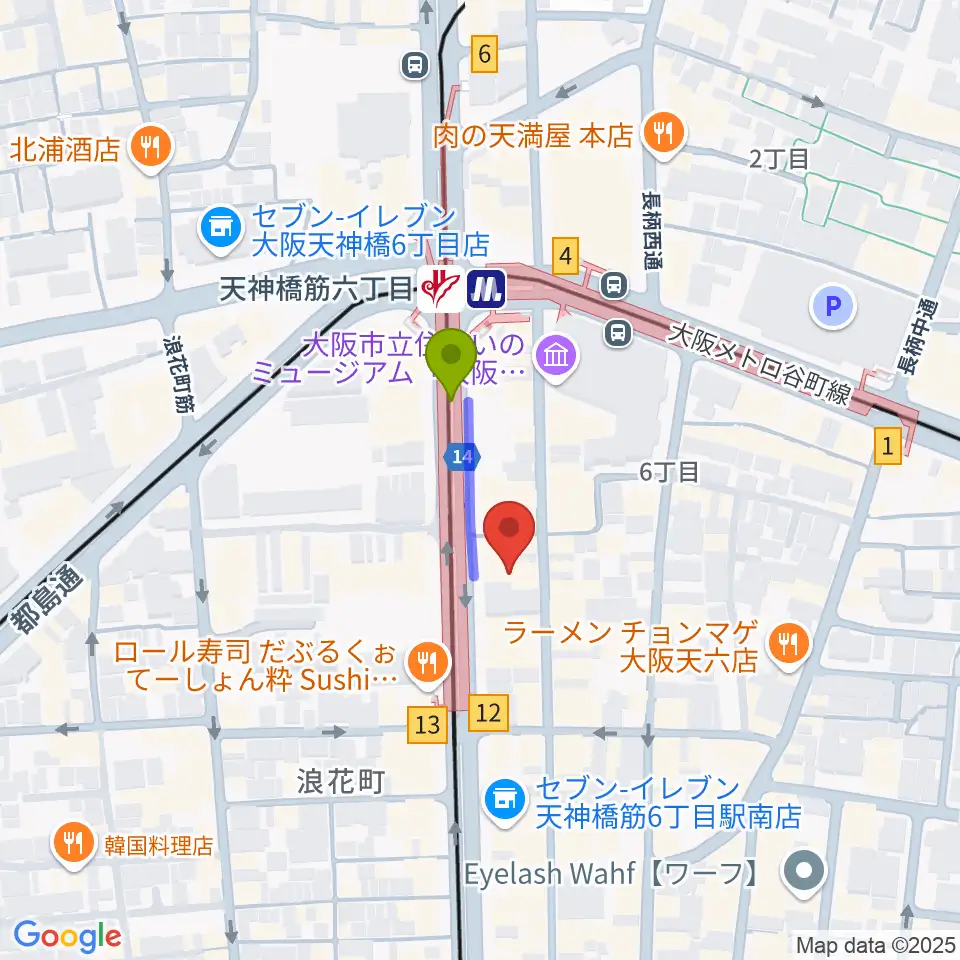 フィス音楽教室の最寄駅天神橋筋六丁目駅からの徒歩ルート（約1分）地図