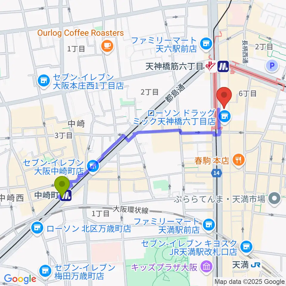 中崎町駅からフィス音楽教室（天六教室）へのルートマップ地図
