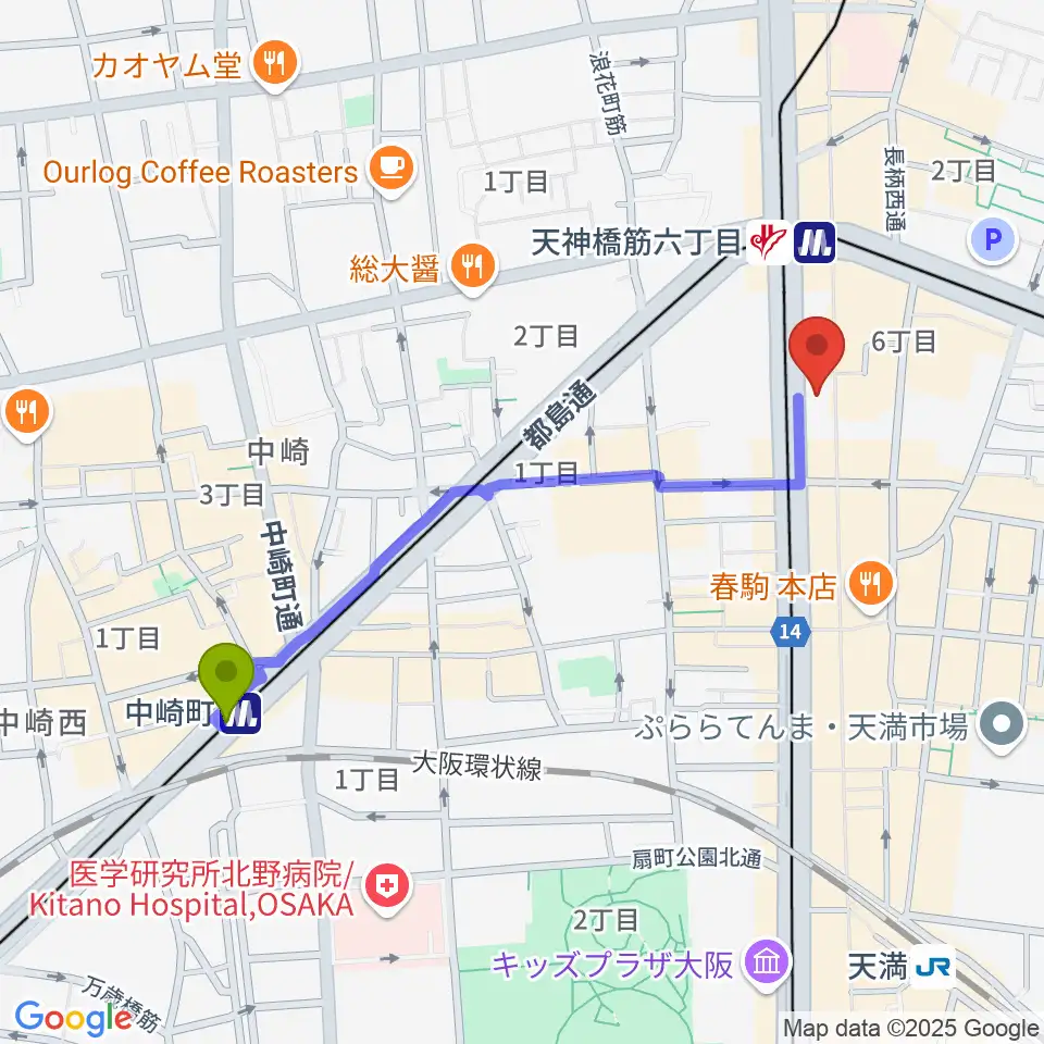 中崎町駅からフィス音楽教室へのルートマップ地図