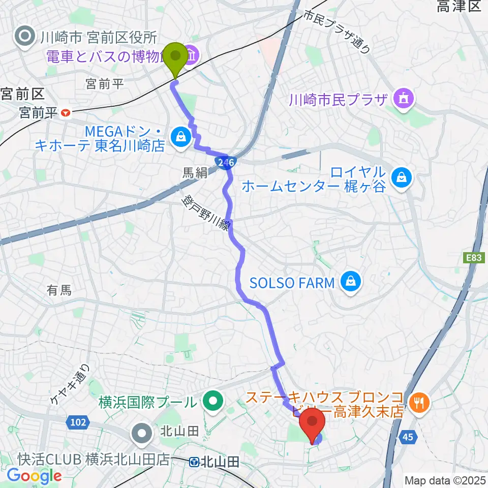 宮崎台駅からやまくらピアノ・ヴァイオリン音楽教室へのルートマップ地図