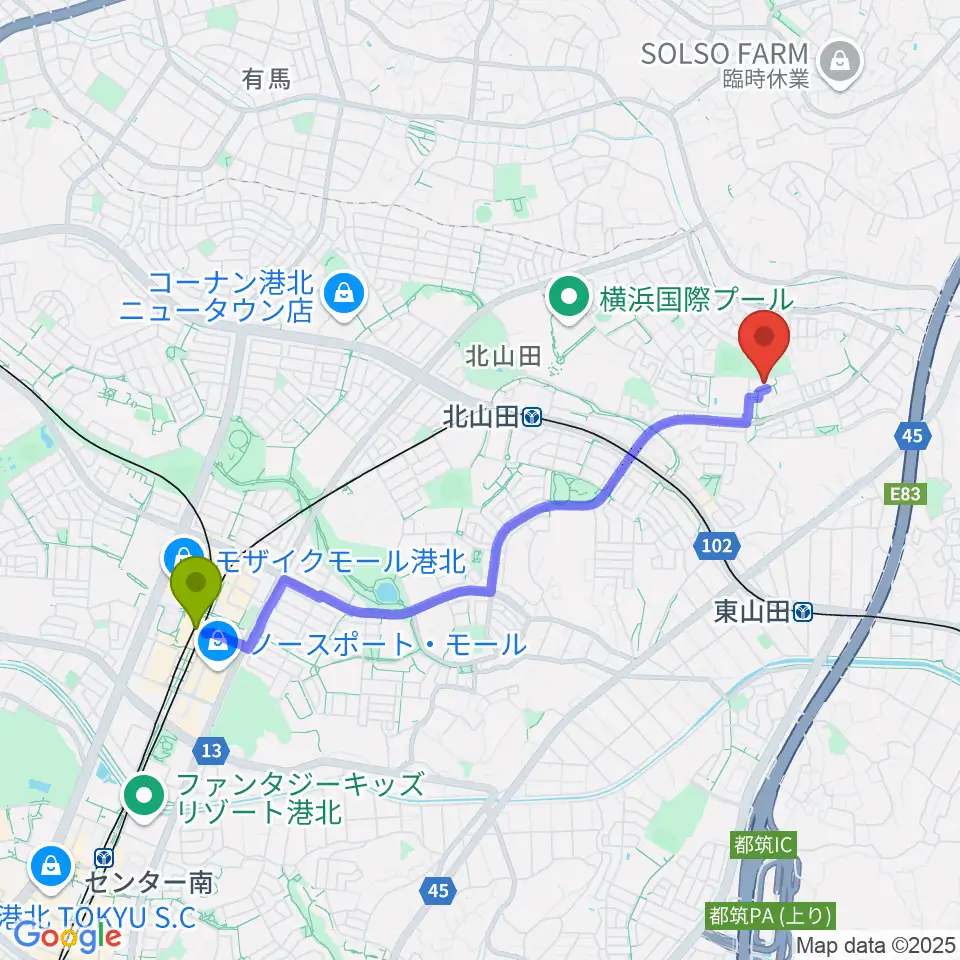 センター北駅からやまくらピアノ・ヴァイオリン音楽教室へのルートマップ地図