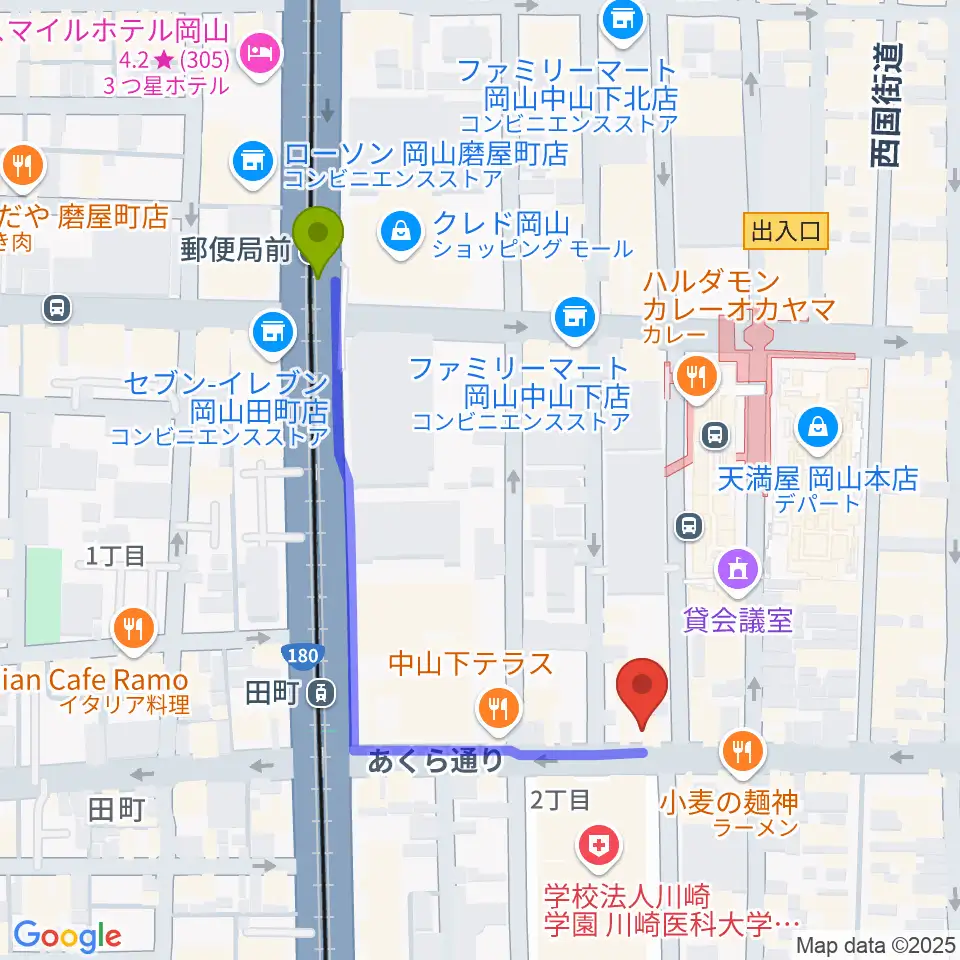 郵便局前駅からラパンミュージック岡山 表町教室へのルートマップ地図