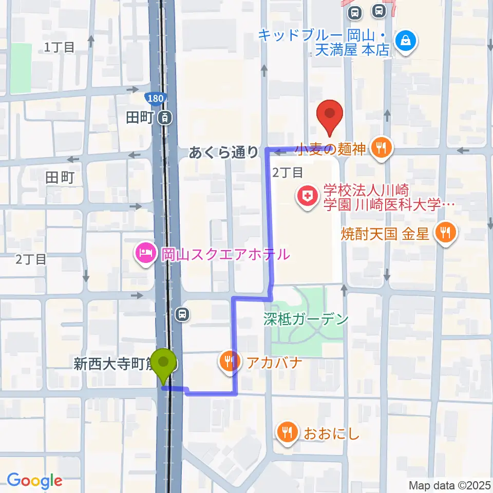 新西大寺町筋駅からラパンミュージック岡山 表町教室へのルートマップ地図