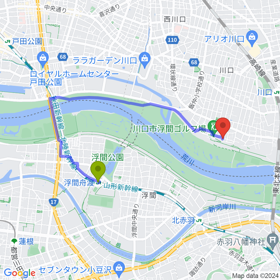 浮間舟渡駅から大山音楽教室へのルートマップ地図