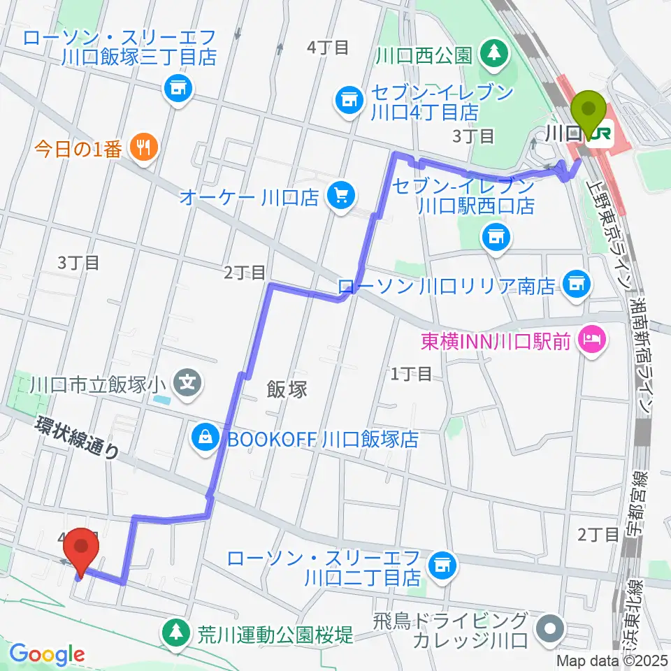 大山音楽教室の最寄駅川口駅からの徒歩ルート（約15分）地図