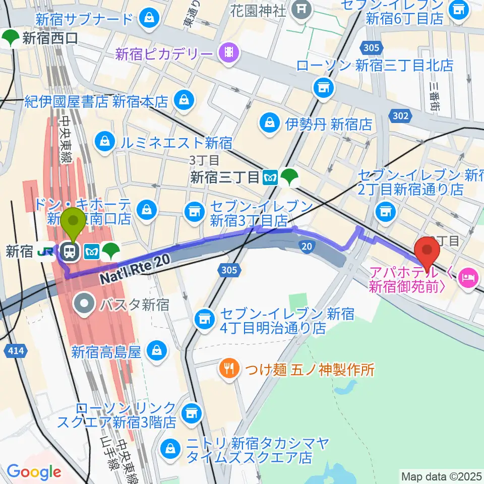 新宿駅から御苑サウンドへのルートマップ地図