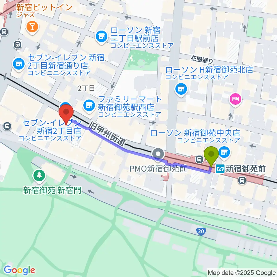 御苑サウンドの最寄駅新宿御苑前駅からの徒歩ルート（約4分）地図