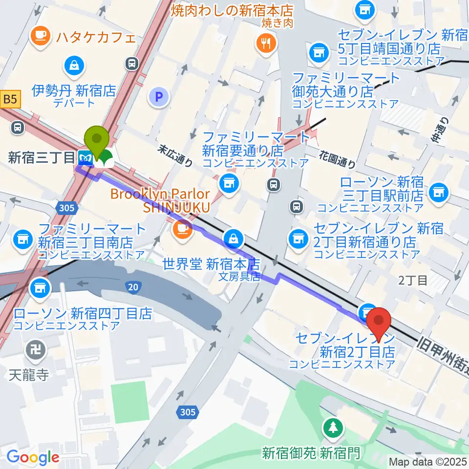 新宿三丁目駅から御苑サウンドへのルートマップ地図