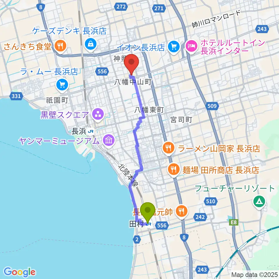 田村駅からイケダ光音堂へのルートマップ地図